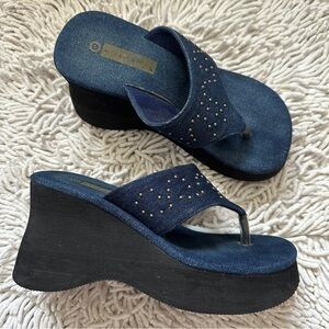 ELLEMENNO Platform Chunky VINTAGE Y2K Thong Denim Jean Studded Wedge Sandals 6